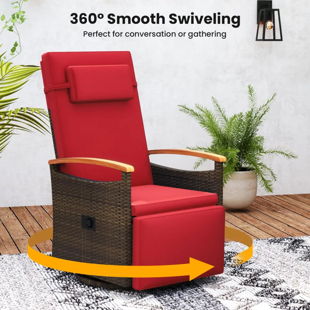 Patio Rattan 360° Swivel Recliner Chair with Adjustable Backrest and Footrest-Red - Red - Outdoor Chaise Lounges