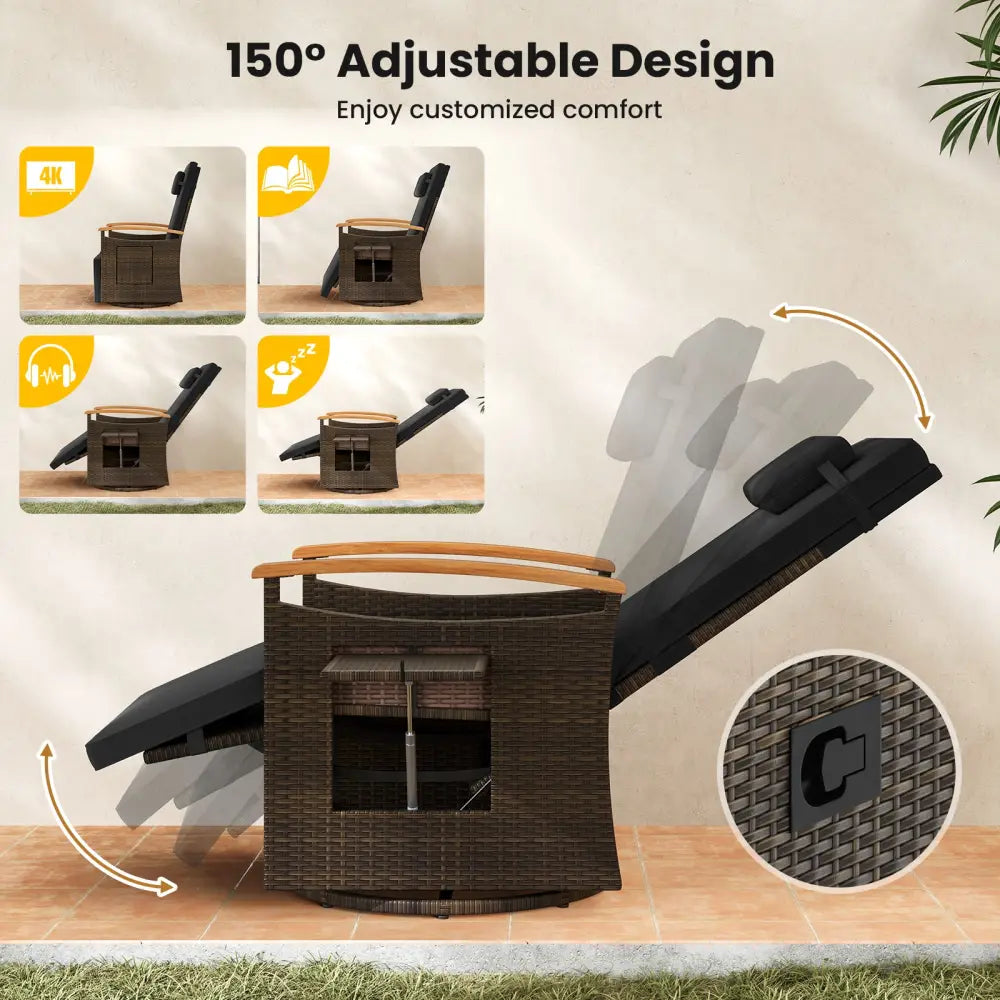 Patio Rattan 360° Swivel Recliner Chair with Adjustable Backrest and Footrest-Black - Black - Outdoor Chaise Lounges