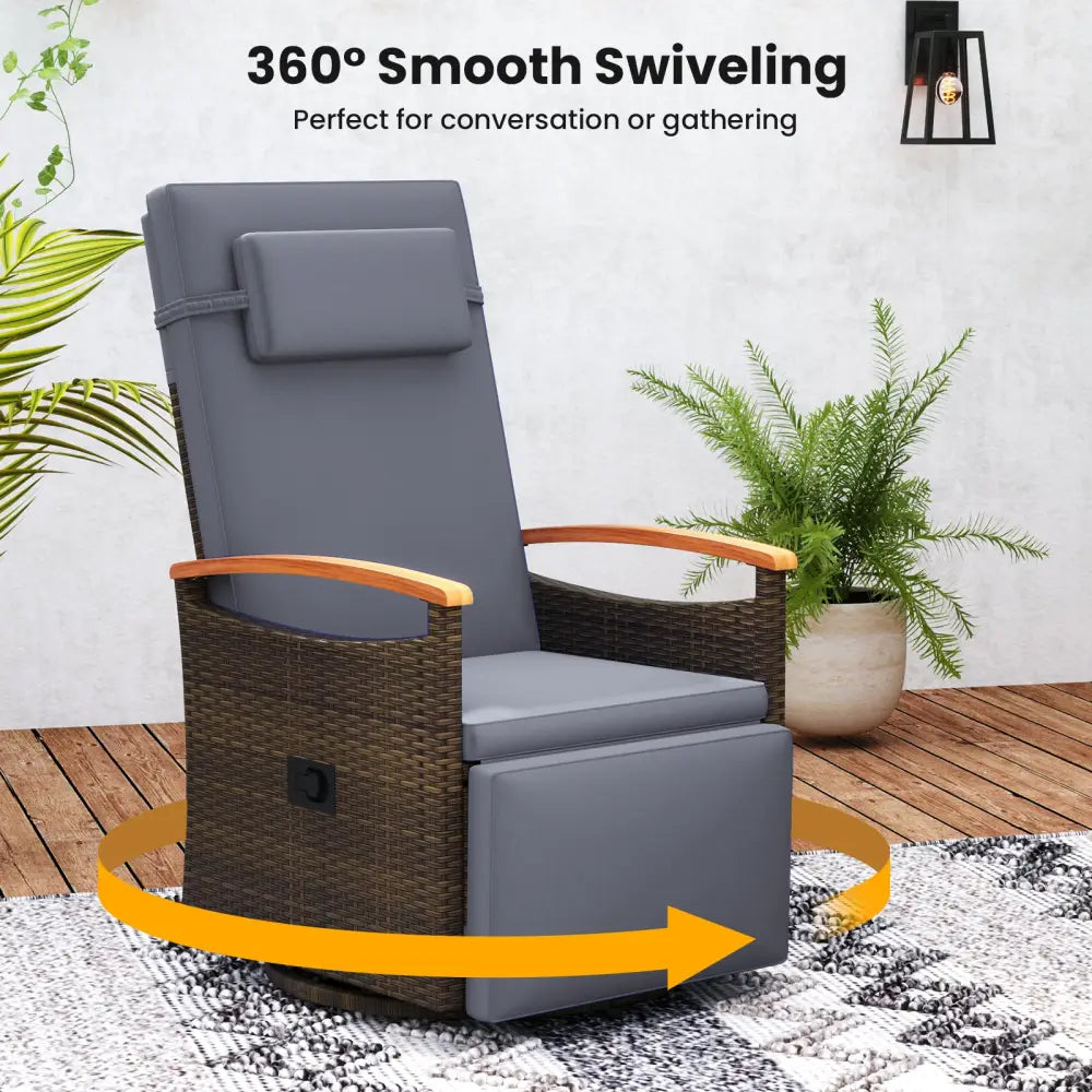 Patio Rattan 360° Swivel Recliner Chair with Adjustable Backrest and Footrest-Gray - Gray - Outdoor Chaise Lounges