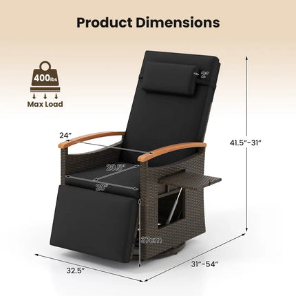 Patio Rattan 360° Swivel Recliner Chair with Adjustable Backrest and Footrest-Black - Black - Outdoor Chaise Lounges