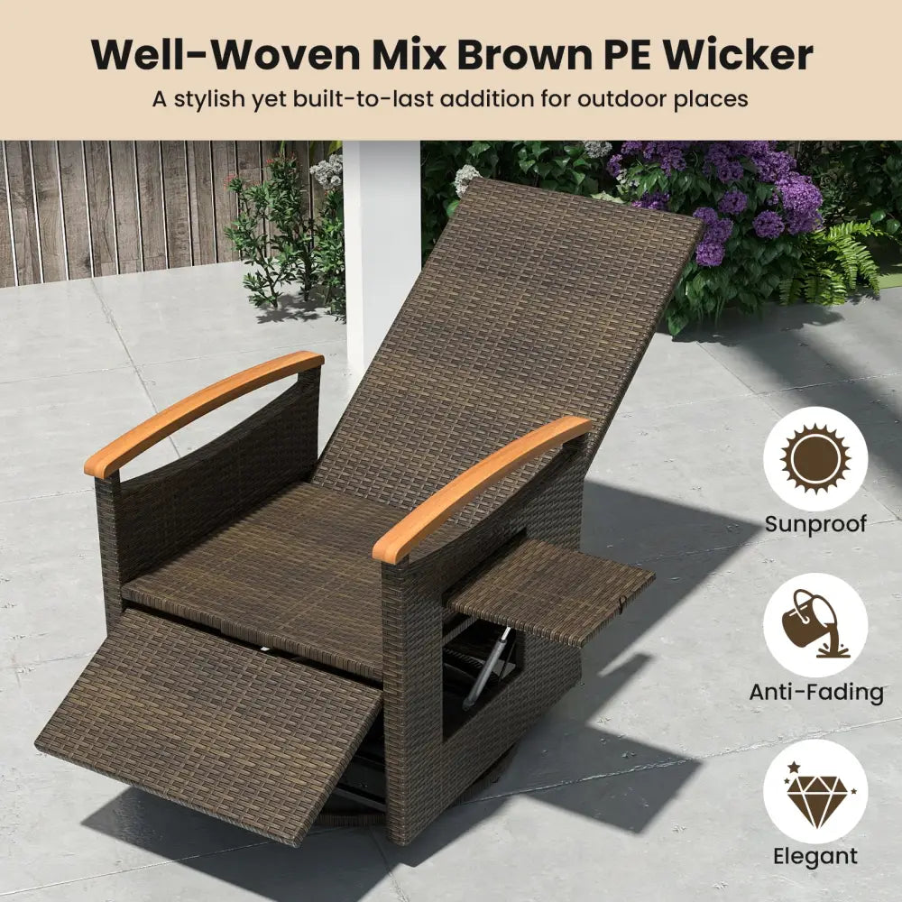 Patio Rattan 360° Swivel Recliner Chair with Adjustable Backrest and Footrest-Black - Black - Outdoor Chaise Lounges