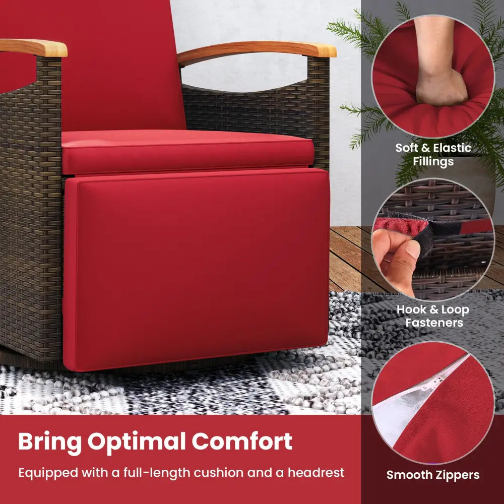 Patio Rattan 360° Swivel Recliner Chair with Adjustable Backrest and Footrest-Red - Red - Outdoor Chaise Lounges
