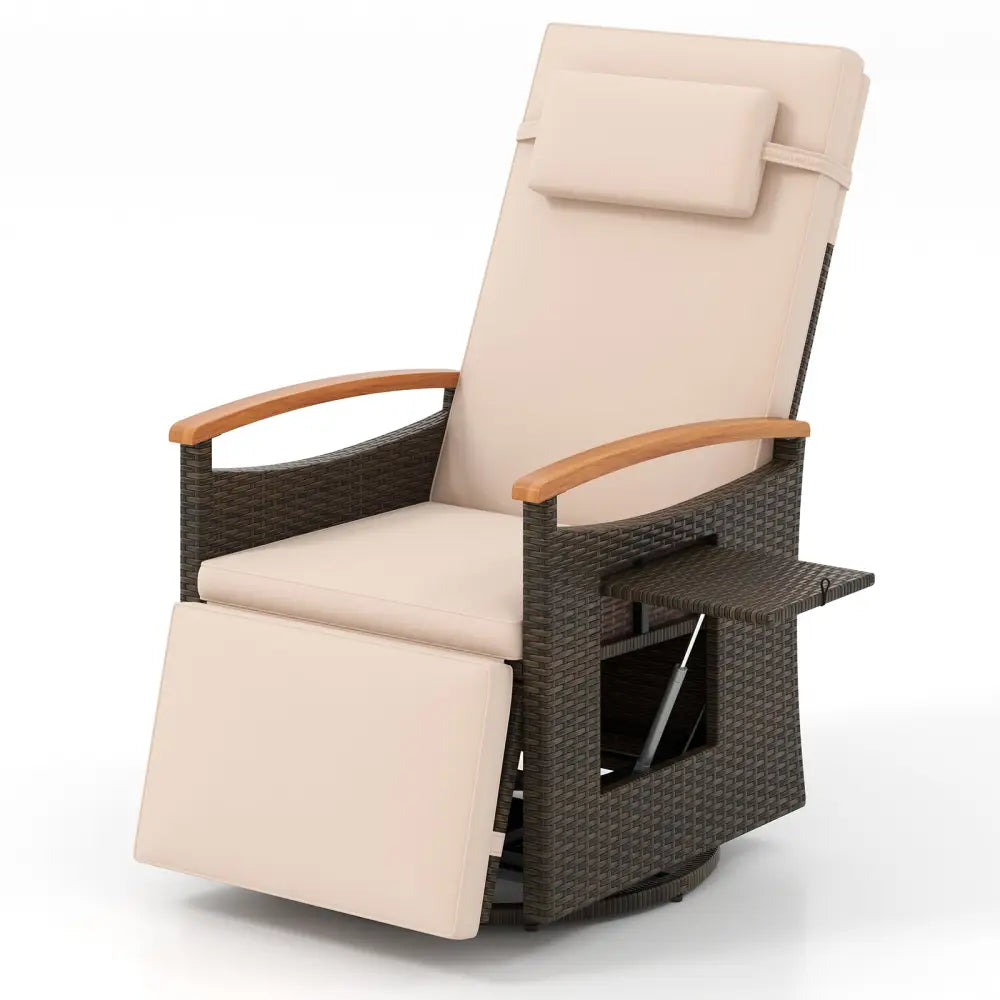 Patio Rattan 360° Swivel Recliner Chair with Adjustable Backrest and Footrest-Beige - Beige - Outdoor Chaise Lounges