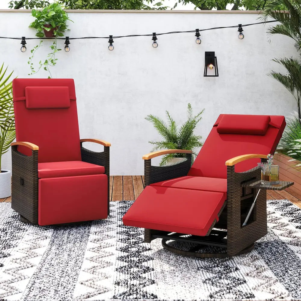 Patio Rattan 360° Swivel Recliner Chair with Adjustable Backrest and Footrest-Red - Red - Outdoor Chaise Lounges