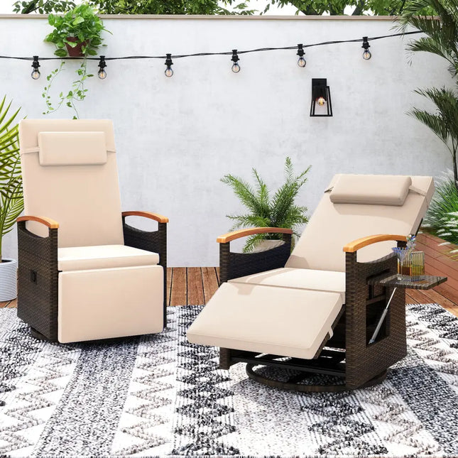 Patio Rattan 360° Swivel Recliner Chair with Adjustable Backrest and Footrest-Beige - Beige - Outdoor Chaise Lounges