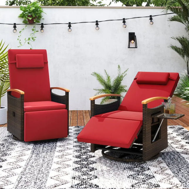 Patio Rattan 360° Swivel Recliner Chair with Adjustable Backrest and Footrest-Red - Red - Outdoor Chaise Lounges