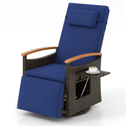 Patio Rattan 360Â° Swivel Recliner Chair with Adjustable Backrest and Footrest-Navy - Navy - Outdoor Chaise Lounges