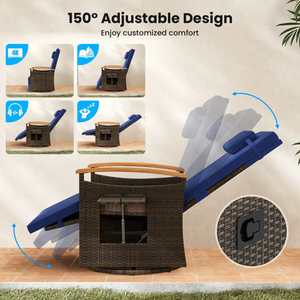 Patio Rattan 360Â° Swivel Recliner Chair with Adjustable Backrest and Footrest-Navy - Navy - Outdoor Chaise Lounges