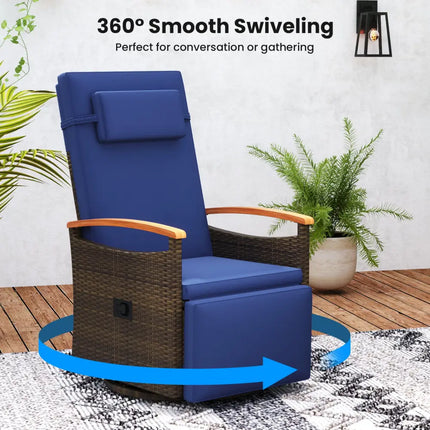 Patio Rattan 360Â° Swivel Recliner Chair with Adjustable Backrest and Footrest-Navy - Navy - Outdoor Chaise Lounges