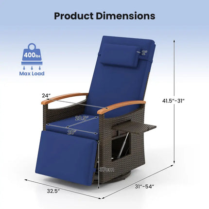 Patio Rattan 360Â° Swivel Recliner Chair with Adjustable Backrest and Footrest-Navy - Navy - Outdoor Chaise Lounges