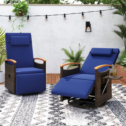 Patio Rattan 360Â° Swivel Recliner Chair with Adjustable Backrest and Footrest-Navy - Navy - Outdoor Chaise Lounges