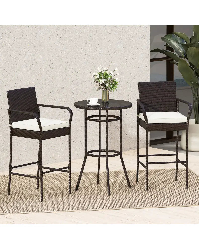 Patio Rattan Bar Height Table and Chairs with 2 Seat Cushions for Porch-White - White - Patio Bar Furniture