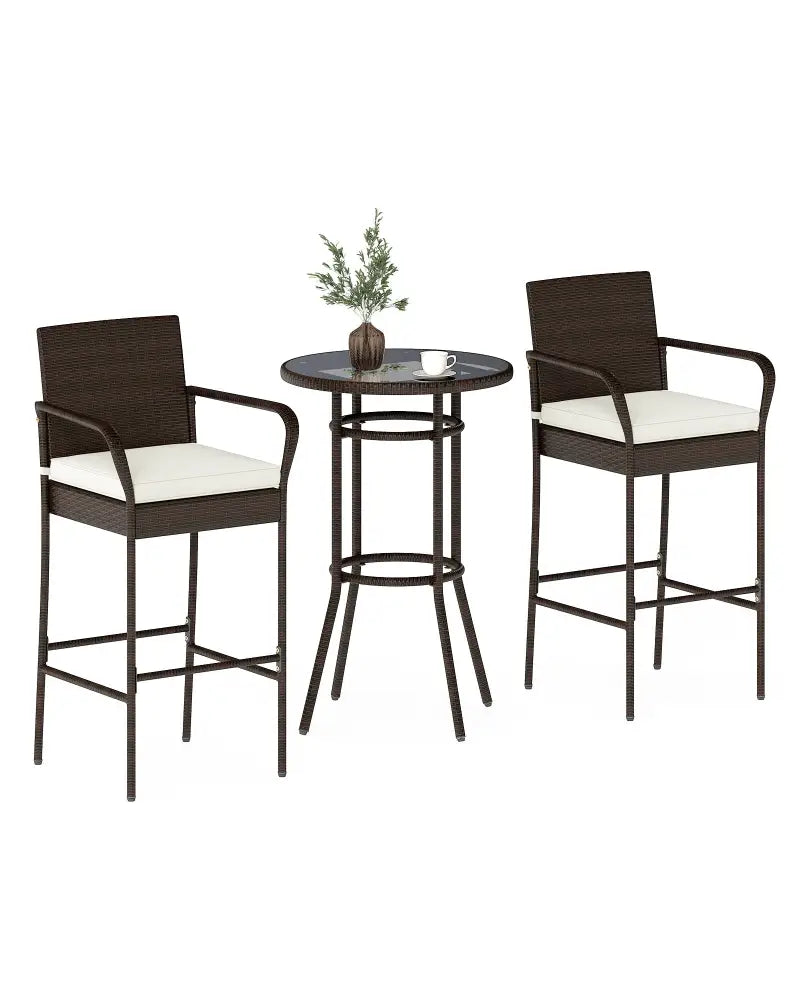 Patio Rattan Bar Height Table and Chairs with 2 Seat Cushions for Porch-White - White - Patio Bar Furniture