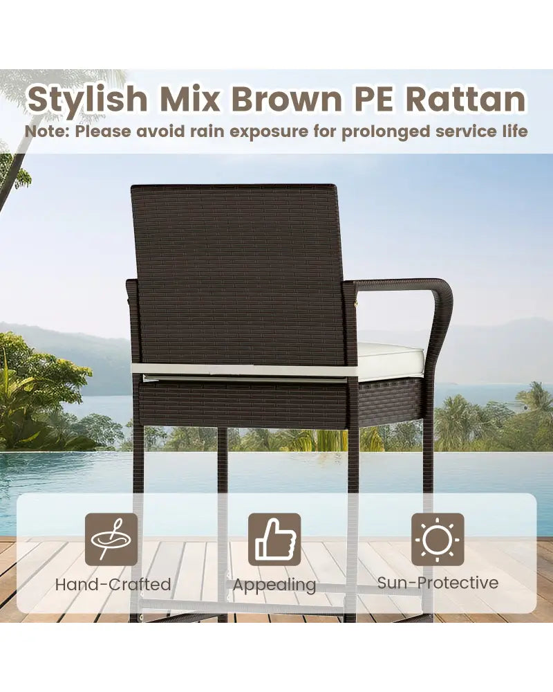 Patio Rattan Bar Height Table and Chairs with 2 Seat Cushions for Porch-White - White - Patio Bar Furniture