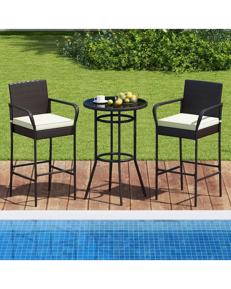 Patio Rattan Bar Height Table and Chairs with 2 Seat Cushions for Porch-White - White - Patio Bar Furniture