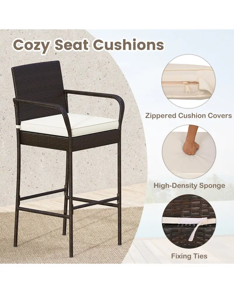 Patio Rattan Bar Height Table and Chairs with 2 Seat Cushions for Porch-White - White - Patio Bar Furniture