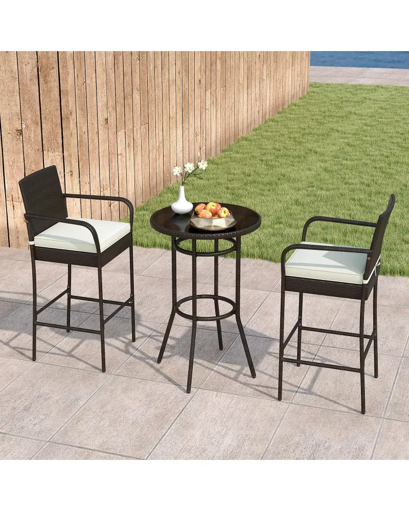 Patio Rattan Bar Height Table and Chairs with 2 Seat Cushions for Porch-White - White - Patio Bar Furniture