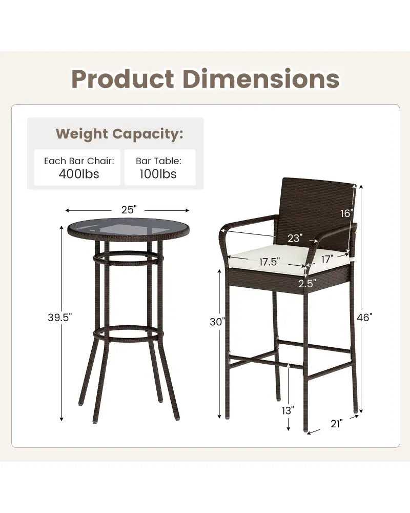 Patio Rattan Bar Height Table and Chairs with 2 Seat Cushions for Porch-White - White - Patio Bar Furniture