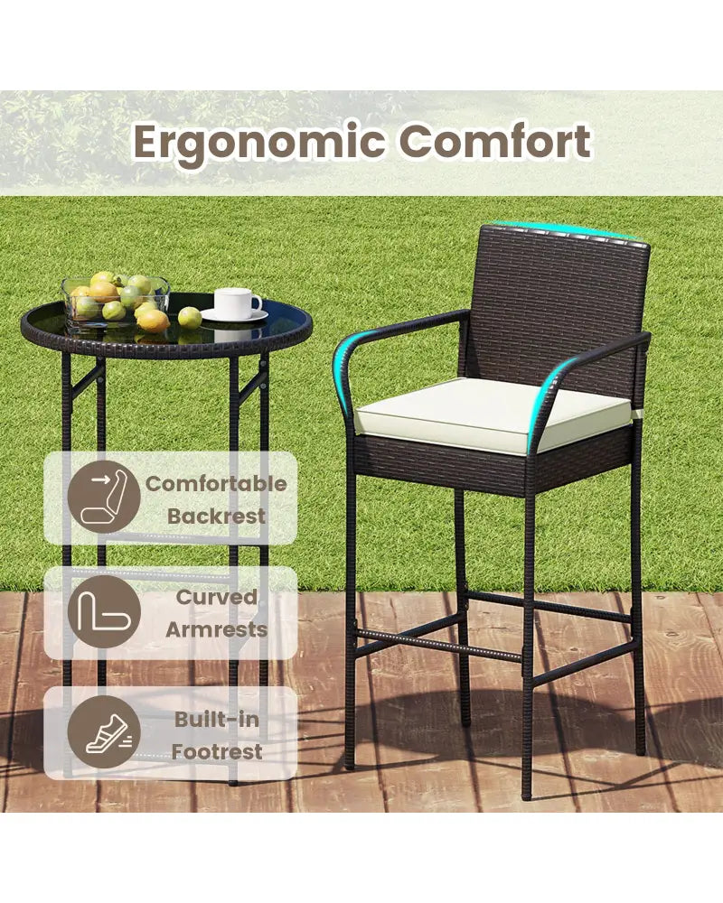 Patio Rattan Bar Height Table and Chairs with 2 Seat Cushions for Porch-White - White - Patio Bar Furniture