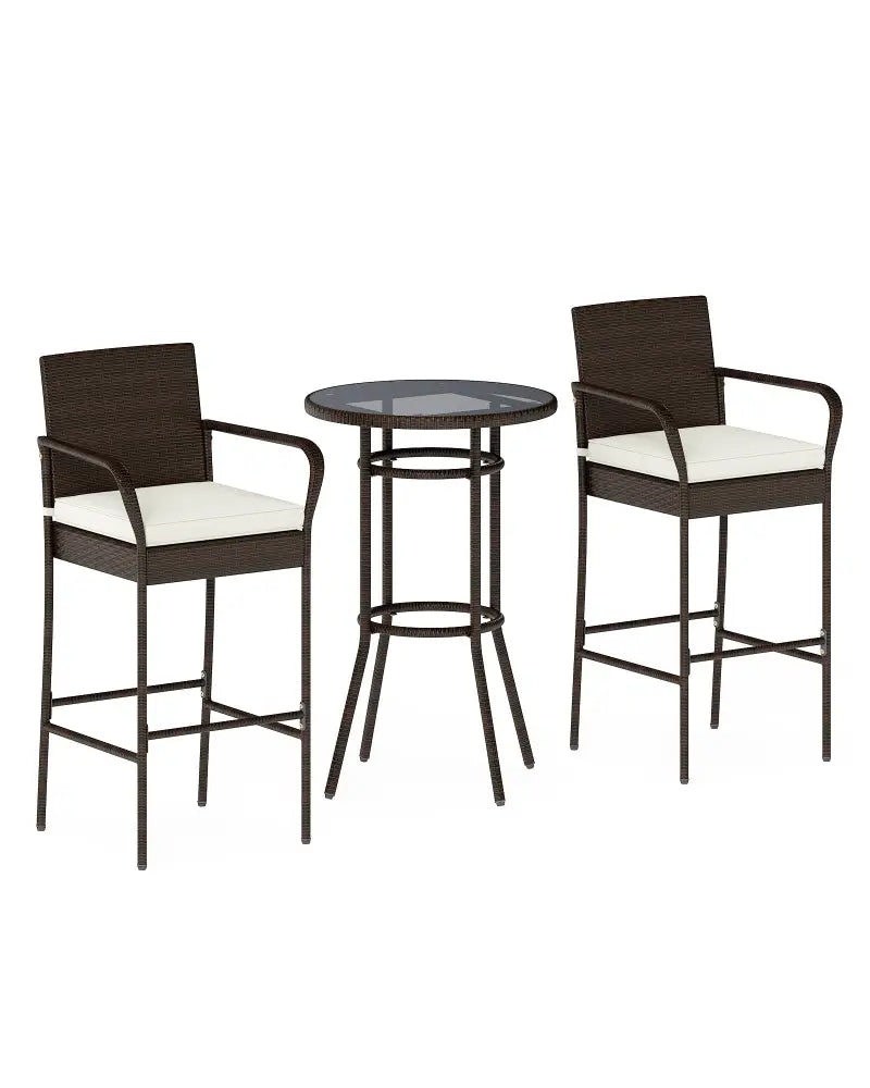 Patio Rattan Bar Height Table and Chairs with 2 Seat Cushions for Porch-White - White - Patio Bar Furniture
