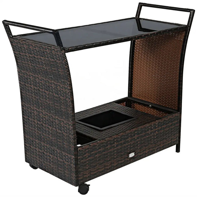 Patio Rattan Bar Serving Cart with Glass Top and Handle - Brown - Patio Bar Furniture