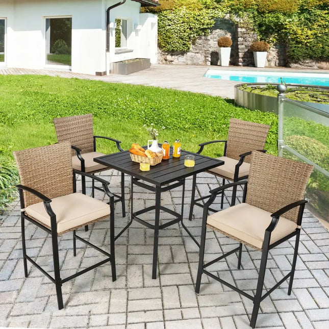 Patio Rattan Bar Stools Set of 4 with Soft Cushions - Beige - Patio Bar Furniture
