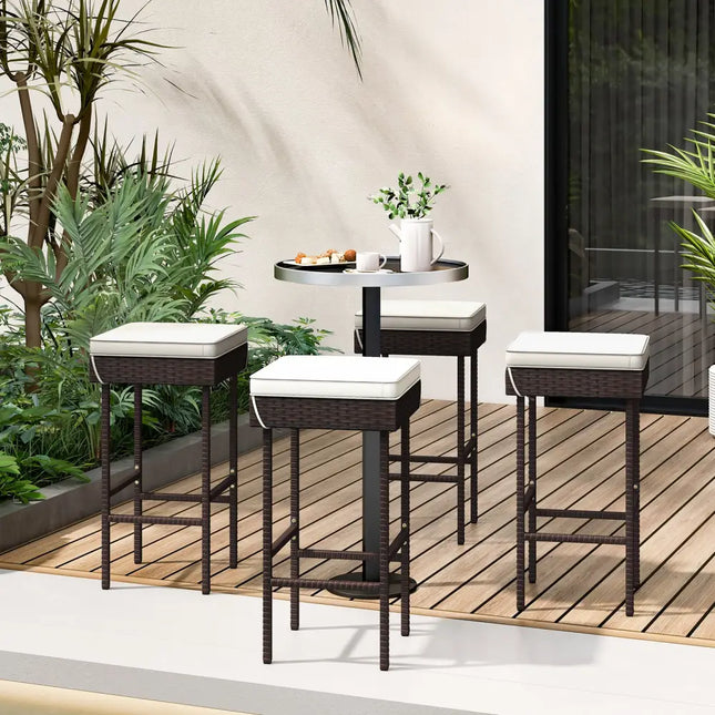 Patio Rattan Barstools Set of 2/4 with Footrest and Soft Cushions for Backyard Balcony-4 Pieces - Off White - Patio Bar