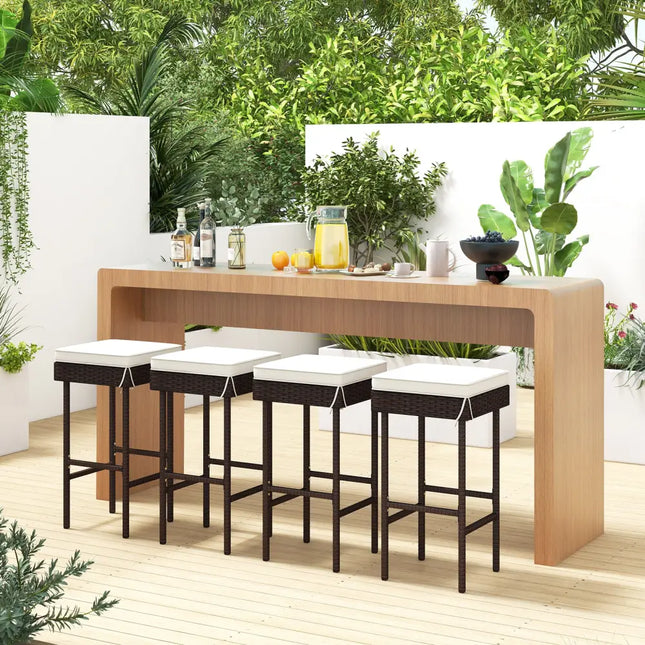 Patio Rattan Barstools Set of 2/4 with Footrest and Soft Cushions for Backyard Balcony-4 Pieces - Off White - Patio Bar