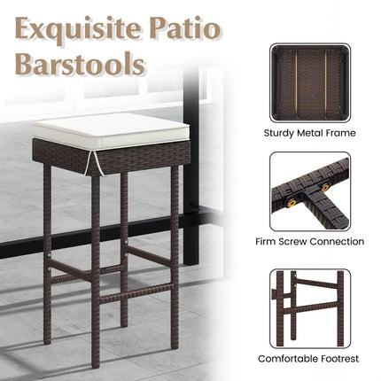 Patio Rattan Barstools Set of 2/4 with Footrest and Soft Cushions for Backyard Balcony-2 Pieces - Off White - Patio Bar