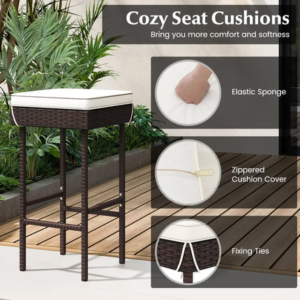 Patio Rattan Barstools Set of 2/4 with Footrest and Soft Cushions for Backyard Balcony-2 Pieces - Off White - Patio Bar