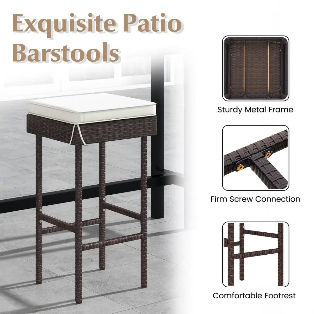Patio Rattan Barstools Set of 2/4 with Footrest and Soft Cushions for Backyard Balcony-2 Pieces - Off White - Patio Bar