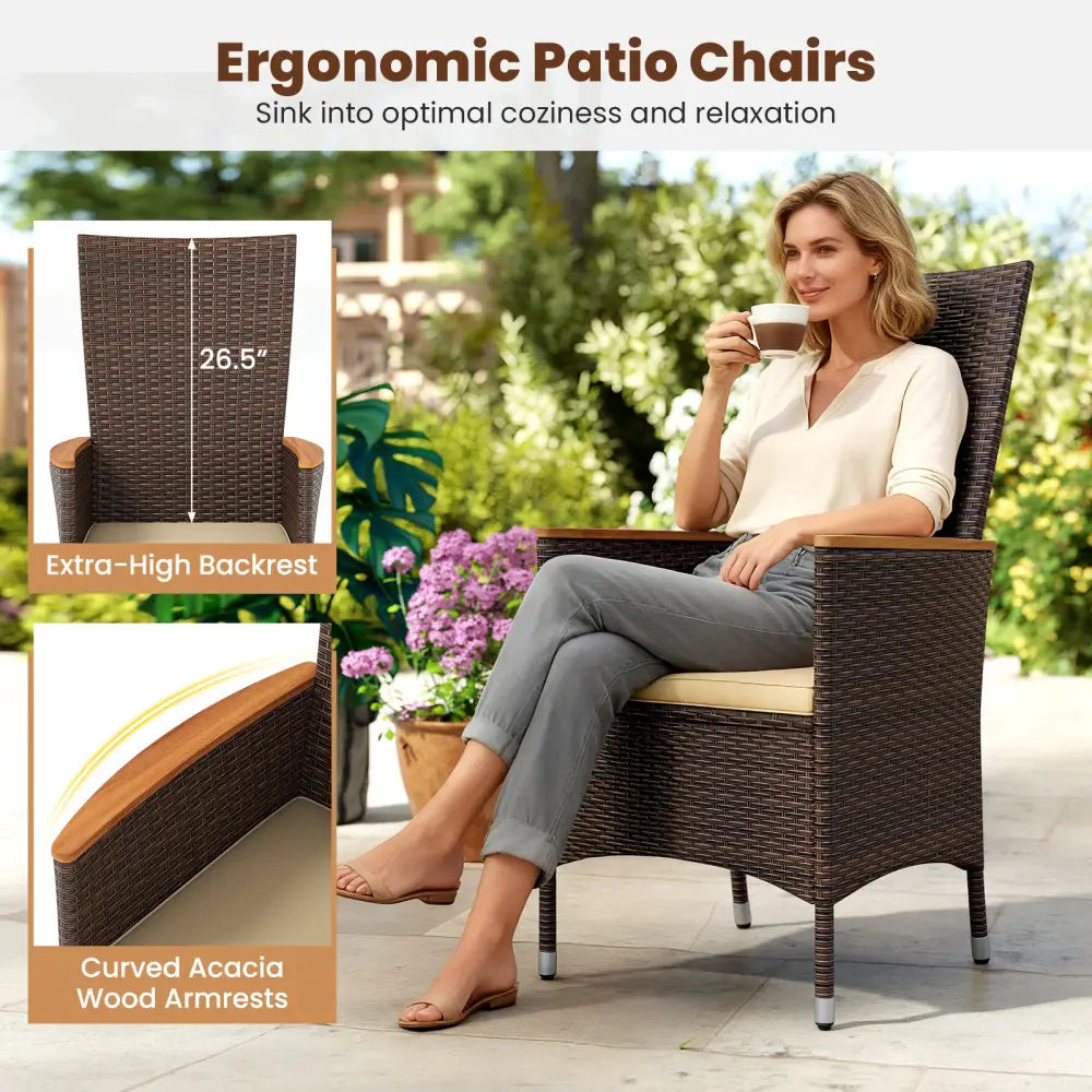 Patio Rattan Chairs Set of 2 Outdoor Wicker Dining Chairs with High Backrest-Beige - Beige - Patio Dining Chairs