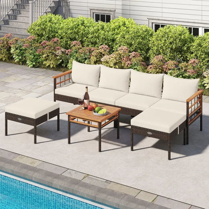 Patio Rattan Chairs with Ottomans and Side Table for Backyard-White - White - Patio Conversation Sets