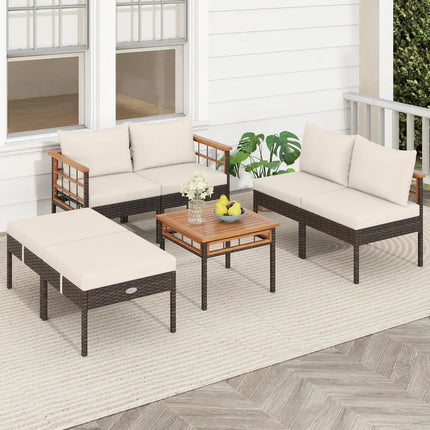 Patio Rattan Chairs with Ottomans and Side Table for Backyard-White - White - Patio Conversation Sets