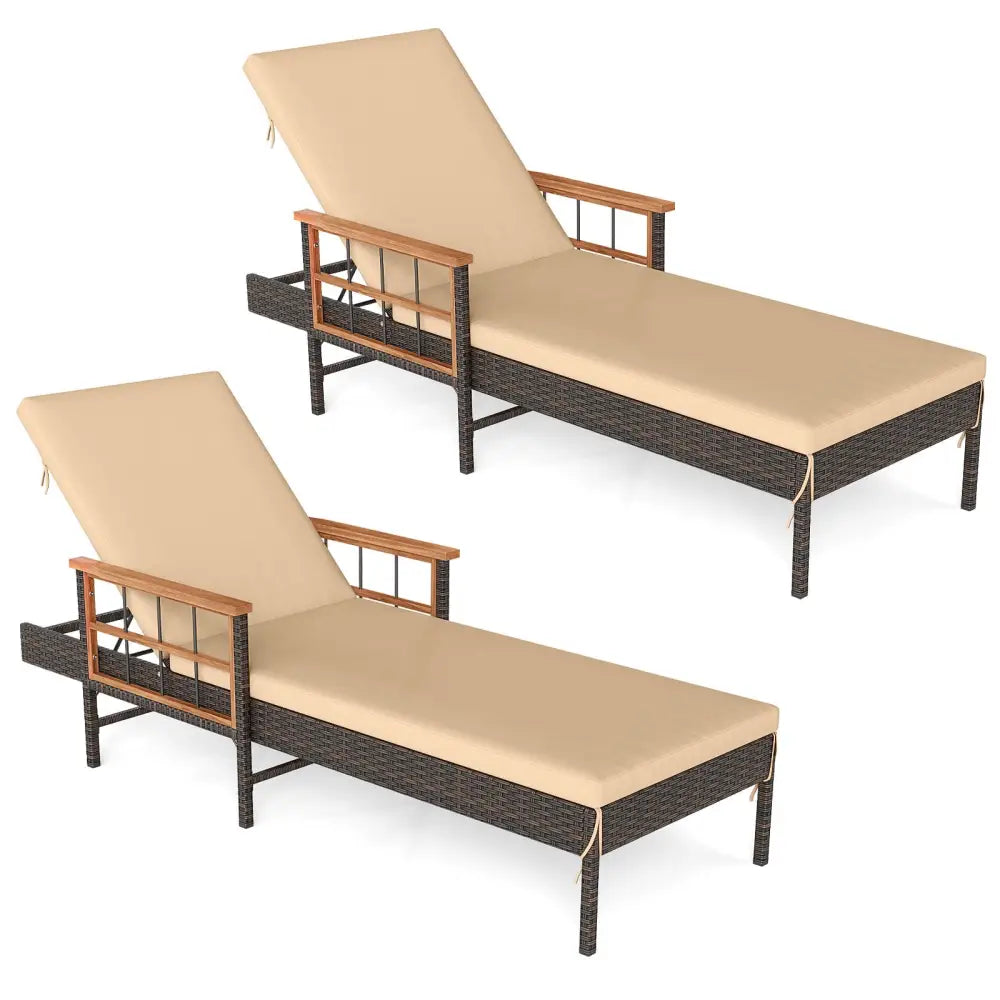 Patio Rattan Chaise Lounge with 4-Level Adjustable Backrest-Beige - Beige - Outdoor Chaise Lounges