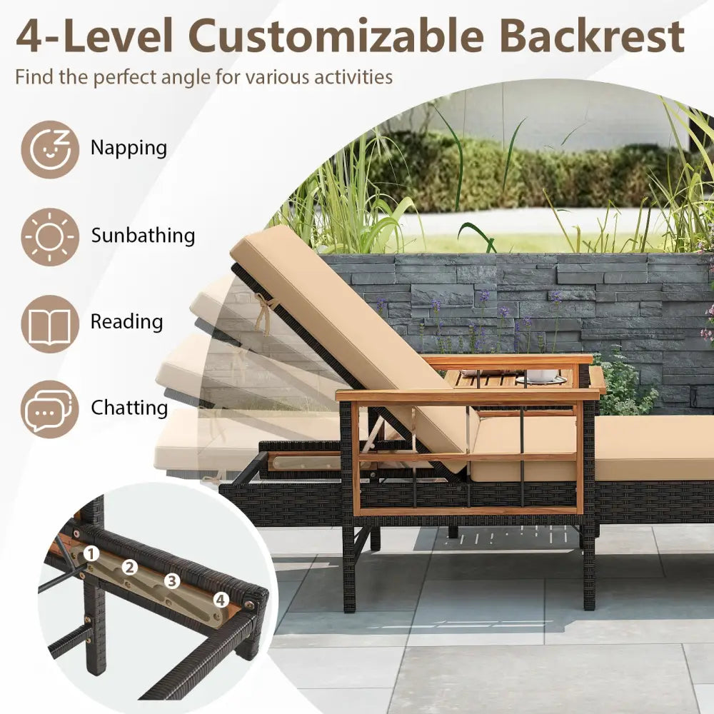 Patio Rattan Chaise Lounge with 4-Level Adjustable Backrest-Beige - Beige - Outdoor Chaise Lounges