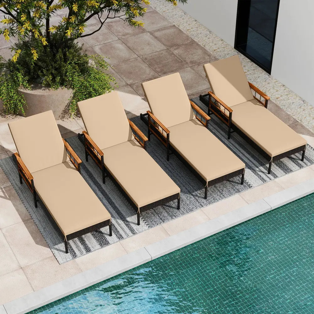 Patio Rattan Chaise Lounge with 4-Level Adjustable Backrest-Beige - Beige - Outdoor Chaise Lounges