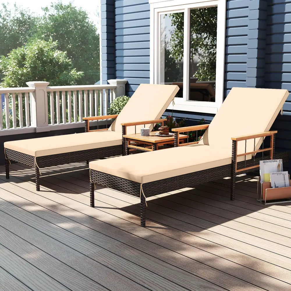 Patio Rattan Chaise Lounge with Side Table and Adjustable Backrest-Beige - Beige - Patio Conversation Sets