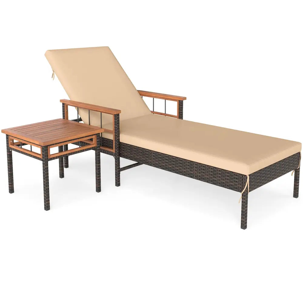 Patio Rattan Chaise Lounge with Side Table and Adjustable Backrest-Beige - Beige - Patio Conversation Sets