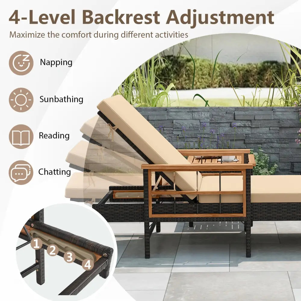 Patio Rattan Chaise Lounge with Side Table and Adjustable Backrest-Beige - Beige - Patio Conversation Sets