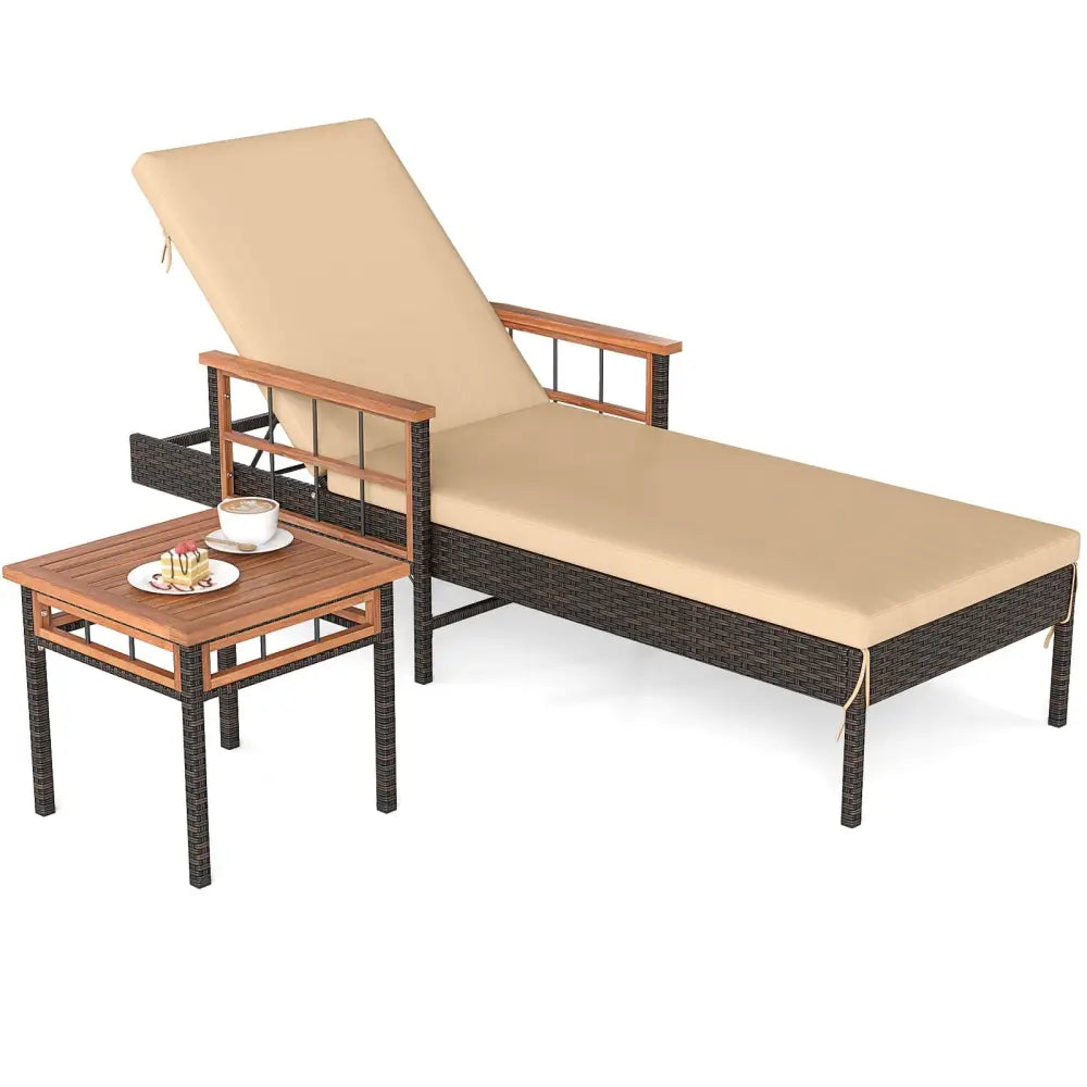 Patio Rattan Chaise Lounge with Side Table and Adjustable Backrest-Beige - Beige - Patio Conversation Sets