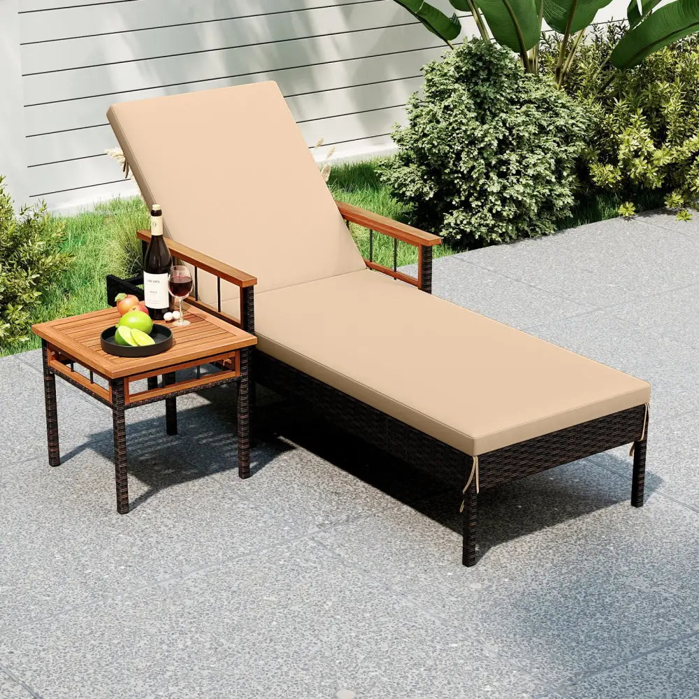Patio Rattan Chaise Lounge with Side Table and Adjustable Backrest-Beige - Beige - Patio Conversation Sets