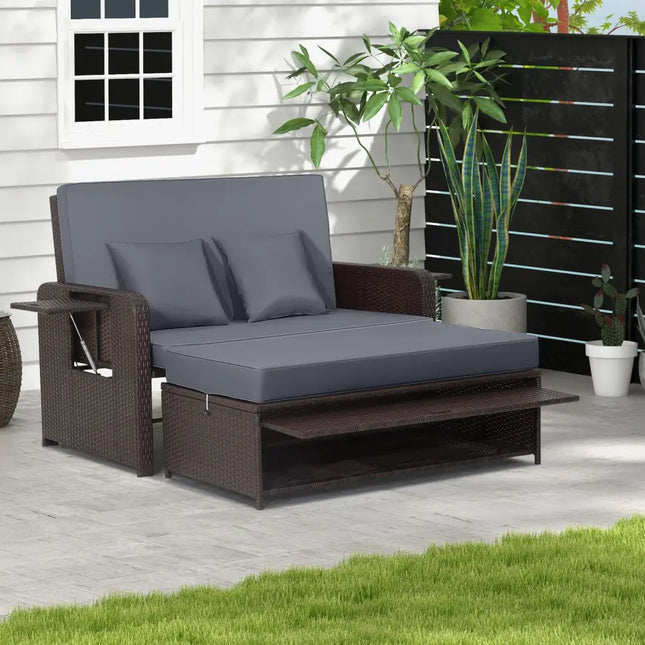 Patio Rattan Daybed with 4-Level Adjustable Backrest and Retractable Side Tray-Gray - Gray - Outdoor Sectionals