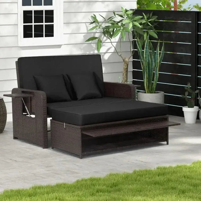 Patio Rattan Daybed with 4Level Adjustable Backrest and Retractable Side Tray - Black - Oasis Home Essentials
