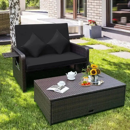 Patio Rattan Daybed with 4Level Adjustable Backrest and Retractable Side Tray - Black - Oasis Home Essentials