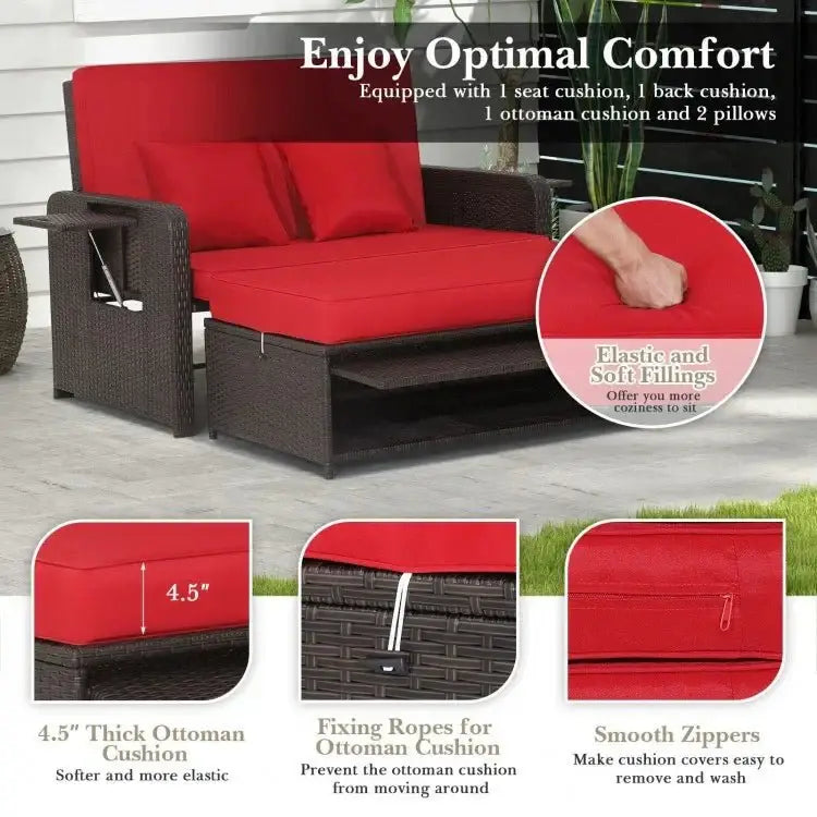 Patio Rattan Daybed with 4Level Adjustable Backrest and Retractable Side Tray - Red - Oasis Home Essentials