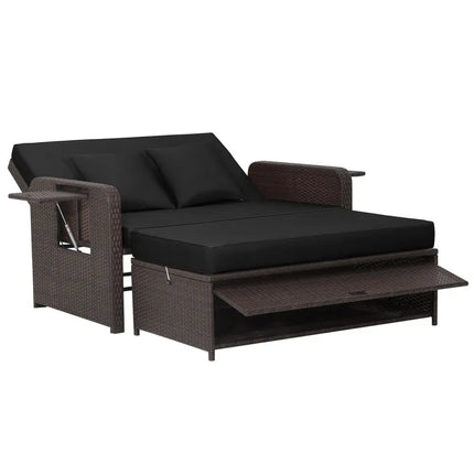 Patio Rattan Daybed with 4Level Adjustable Backrest and Retractable Side Tray - Black - Oasis Home Essentials