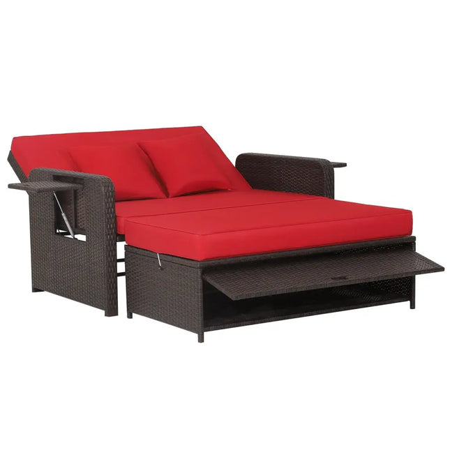 Patio Rattan Daybed with 4Level Adjustable Backrest and Retractable Side Tray - Red - Oasis Home Essentials