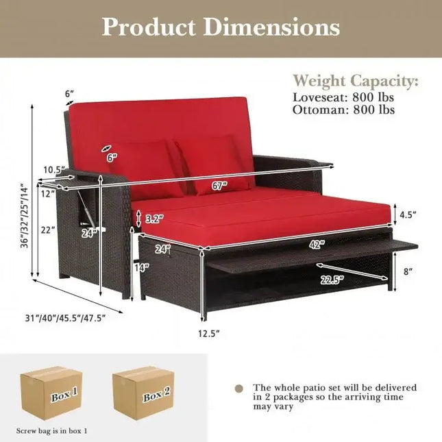 Patio Rattan Daybed with 4Level Adjustable Backrest and Retractable Side Tray - Red - Oasis Home Essentials