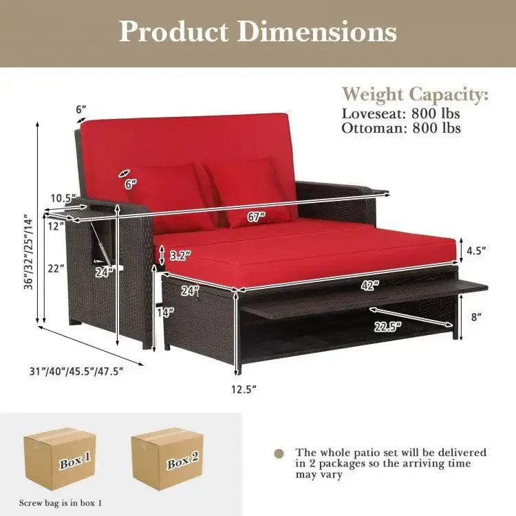 Patio Rattan Daybed with 4Level Adjustable Backrest and Retractable Side Tray - Red - Oasis Home Essentials